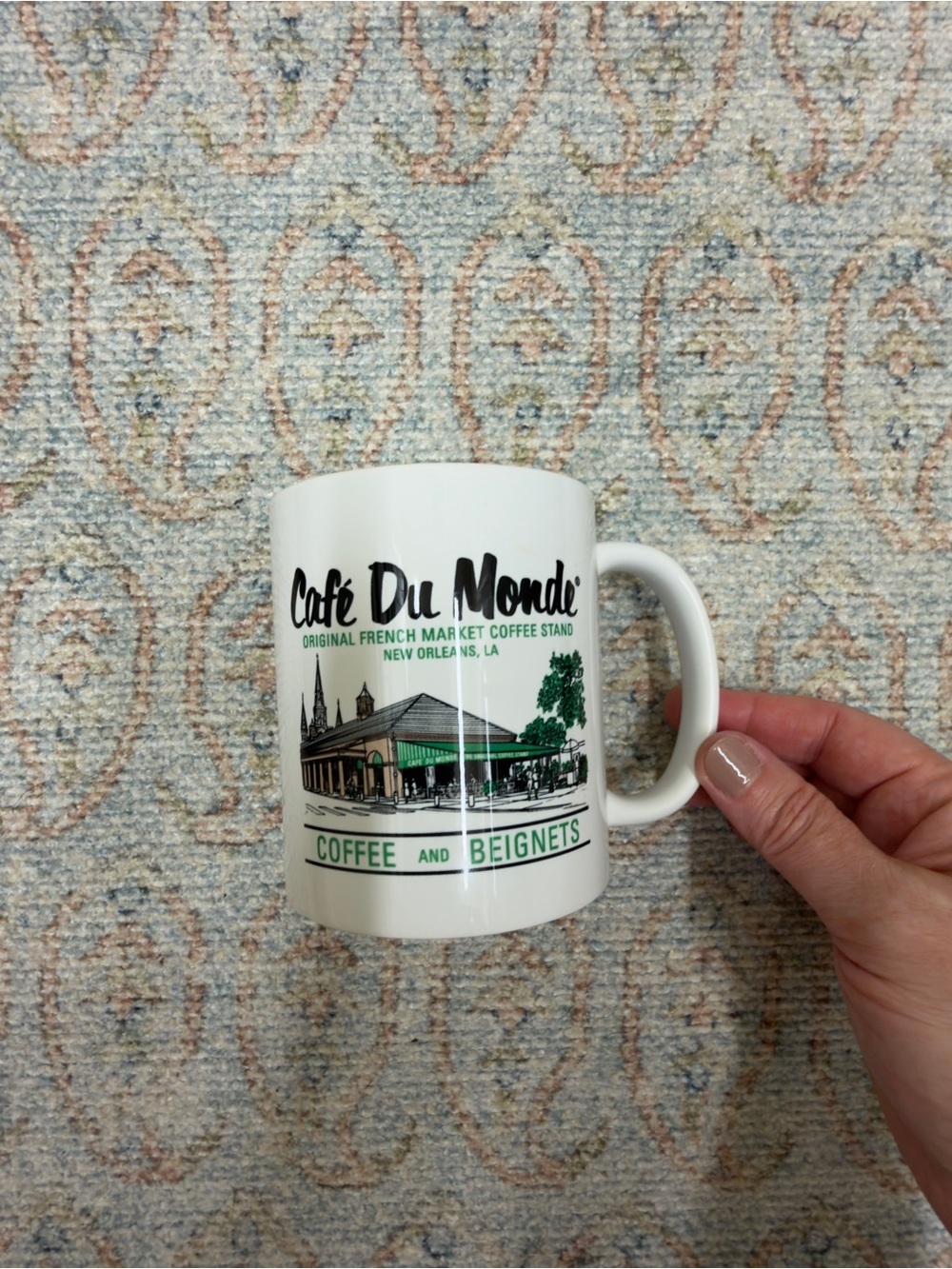 Café Du Monde White Ceramic Coffee Mug with Green and Black Artwork